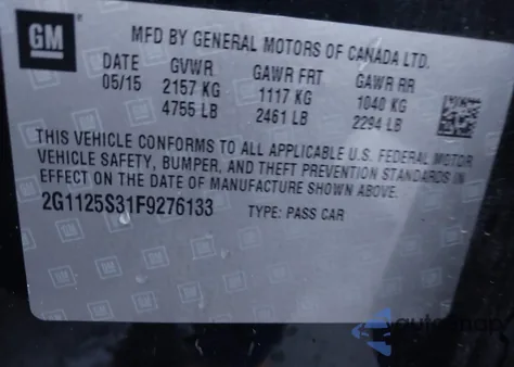 2015 Chevrolet Impala 2Lt from USA, damaged, VIN 2G1125S31F9276133